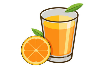 Download this vibrant and refreshing orange juice vector illustration featuring a tall glass filled with bright orange juice and garnished with a lemon slice.