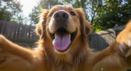 Playful golden retriever taking selfies in the garden, happy and expressive dog portrait series.