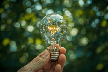 Hand holding glowing lightbulb reflecting planet earth against blurred green foliage