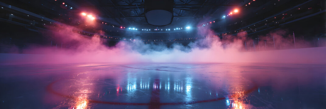 A dramatic view of a hockey rink featuring smoke effects and vibrant lighting.