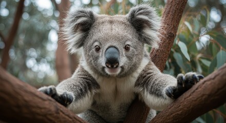 A cuddly koala bear posing for a selfie while holding onto a tree branch.