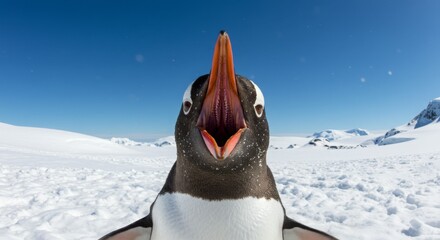 A curious penguin looking at the camera with snowy landscape in the background, wide-angle perspective.