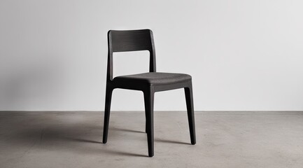 A dark grey, molded plastic chair with a simple, slightly curved design sits on a light grey floor against a white wall