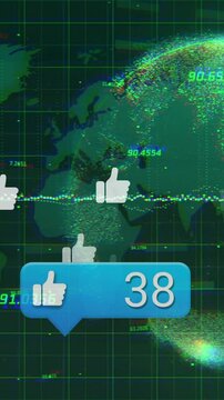Social media likes animation over digital globe and world map background