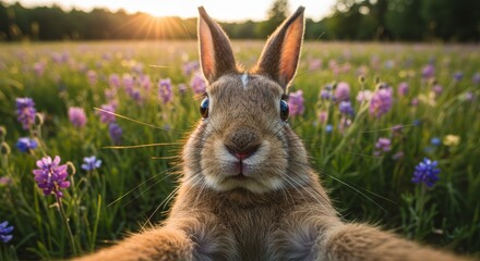 A cute bunny rabbit posing in a flower field, looking directly into the camera.