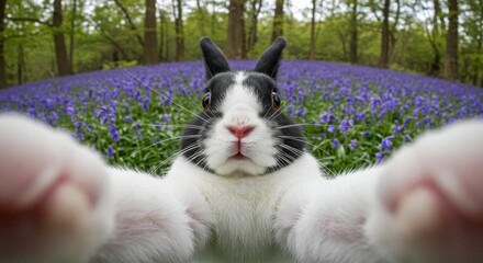 A cute bunny rabbit posing in a flower field, looking directly into the camera.