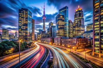 Long exposure photography reveals Toronto's financial district at night, showcasing the city's majestic skyscrapers and urban glow.