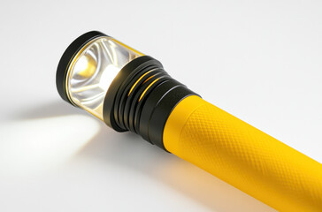 Yellow flashlight on white background showing portable LED lighting tool