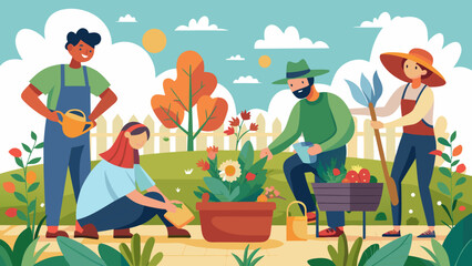 Vector illustration of people are gardening together in the backyard on a sunny day