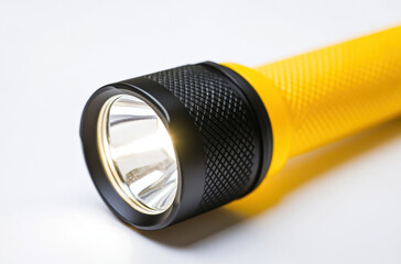 Yellow and black LED flashlight isolated on white background