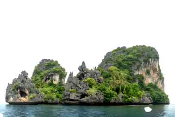 Lush green limestone karst islands in blue water isolated on transparent background