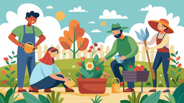 Vector illustration of people are gardening together in the backyard on a sunny day