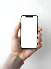 Hand Holding Smartphone Mockup with Blank Screen on Neutral Background. Generative AI
