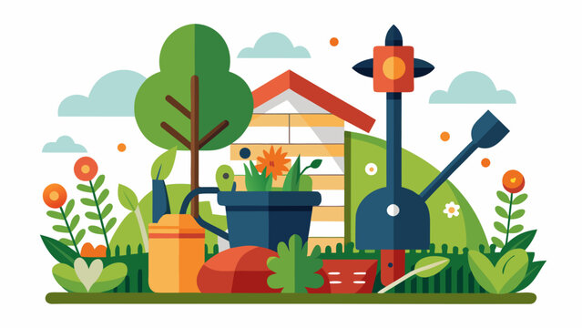 Vector illustration of a colorful garden scene with plants, flowers, and gardening tools - Powered by Adobe
