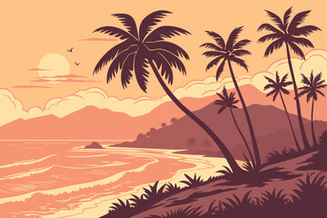 Obraz premium tropical sunset, palm trees silhouette, ocean waves, sun reflection, orange and pink sky, distant mountains, vibrant colors, scenic landscape, dreamy atmosphere, beautiful scenery