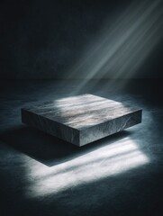 A dark, textured stone platform floats subtly above a shadowed floor, illuminated by dramatic, angled light beams