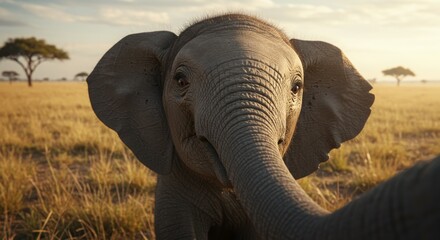 Elephant taking a selfie in the golden savanna during sunset, looking majestic.