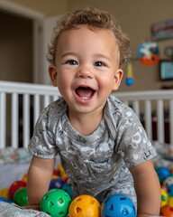 Portrait of a smiling baby boy playing with toys in the crib