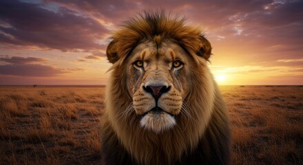 Powerful lion posing with a serious expression in front of an African sunset, facing the camera.