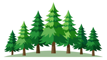 Vector illustration of a group of cartoon green pine trees isolated on white background
