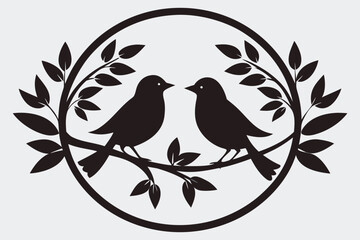 Two Birds on Branch with Leaves Vector Art , Elegant Bird Silhouette Design with Wreath