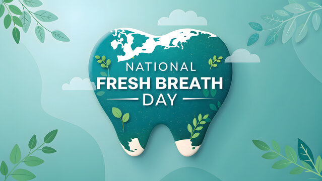 National Fresh Breath Day: Celebrate National Fresh Breath Day with this vibrant illustration featuring a stylized tooth design, lush green leaves, and fluffy clouds, symbolizing cleanliness.