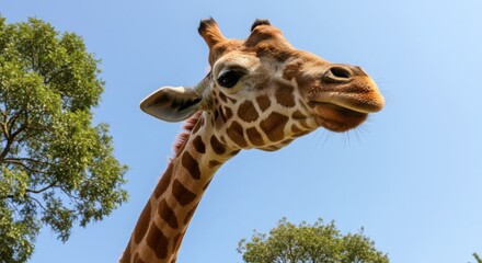 Two giraffes captured from below, looking down with trees and blue sky in the background.