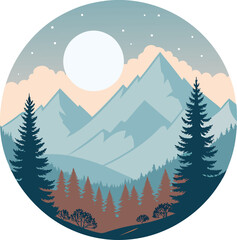 Minimalist Pastel Mountain Landscape Peaceful Nature Scene with Moon, Forest, and Hills Ideal for Hiking, Outdoor, or Calm Themed Design.