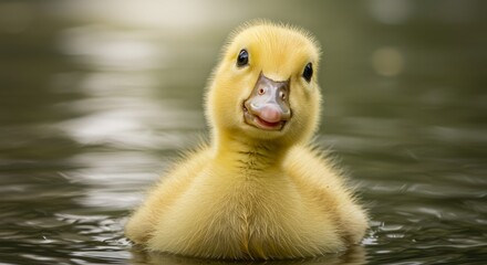 A cute baby duck swimming in the water, looking directly at the camera. Expressive and cheerful animal selfie-style image.