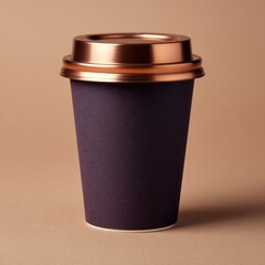 A dark-purple paper coffee cup with a copper lid sits on a muted brown background;  the lighting is soft and even