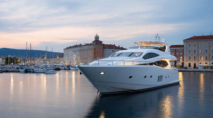 Fototapeta premium A luxurious yacht docked at the harbor, showcasing its impressive size and modern design against the backdrop of an evening sky with pastel hues. The lights on board create a warm