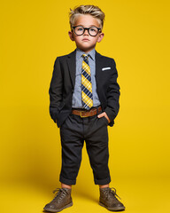 Portrait of a stylish little boy in a suit and glasses on a yellow background