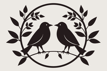 Black and White Birds on Circle Branch Illustration , Minimalist Bird Couple Vector Graphic
