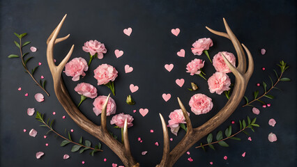 Antler Blossom Arrangement: Delicate antlers frame a floral arrangement of blooming carnations and scattered heart-shaped confetti. A celebration of nature's beauty.