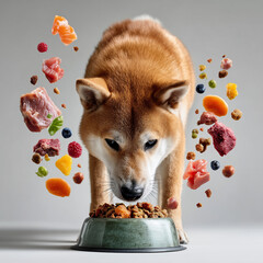  A hyper-realistic studio photo of a happy Shiba Inu with its head lowered, actively eating dog food directly from a bowl on the floor, mouth near or inside the bowl. The dog is