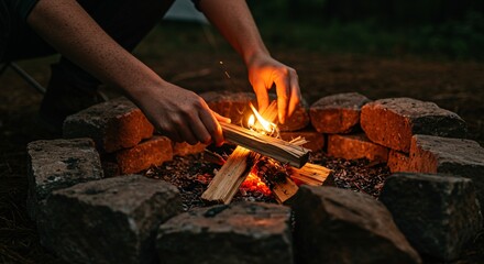 Hands lighting campfire with firewood at dusk