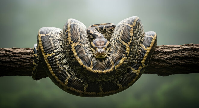 A python coiled around a tree branch