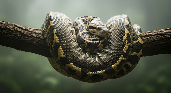 A python coiled around a tree branch