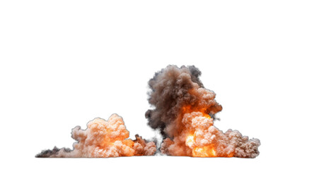 Two Isolated explosions or blasts with a significant amount of thick grey smoke rising into the air set against a white background