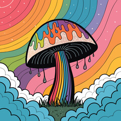 Rainbow Mushroom Bold Black Outline with Swirling Lines, Colorful Clouds, and Trippy.