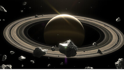 A view of Saturn's rings—ice masses ranging from pebbles to mountains—through which sunlight filters through.