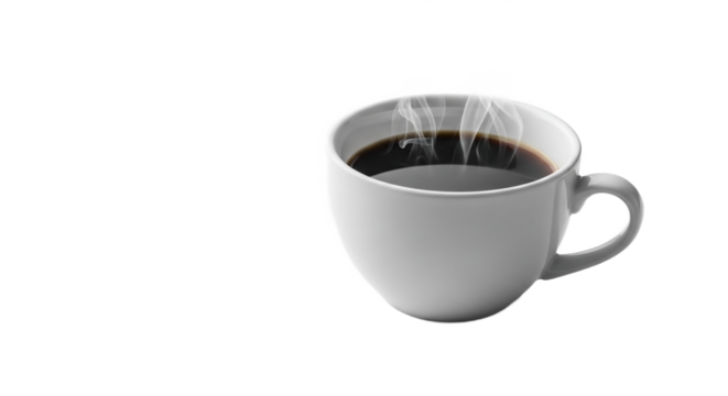 Enjoy a cup of hot coffee with rising steam in a white mug against a transparent background