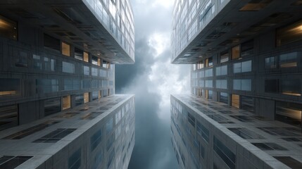 Urban duplex with mirrored glass soft matte graphite framing twilight lighting creating complex reflection patterns cinematic compositional balance