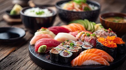 A delectable sushi platter, featuring nigiri, maki, and sashimi, is presented alongside bowls of rice, miso soup, and a side dish.  All rest on a rustic wooden table