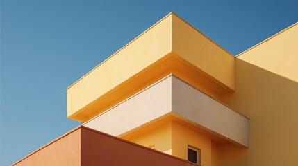 Soft yellow rose minimalist art deco building with bold horizontal contours low-angle sunlight casting deep warm shadows glowing