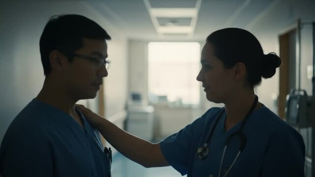 Supportive interaction between two healthcare workers in a hospital hallway, offering comfort and empathy
