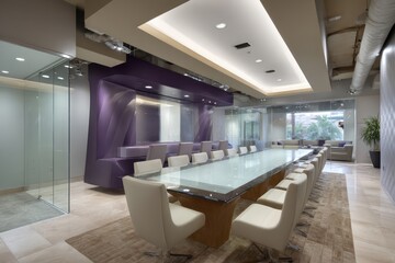 open creative zone in plum and alabaster, backlit ambient lighting casting edge glows on glass panels, at the