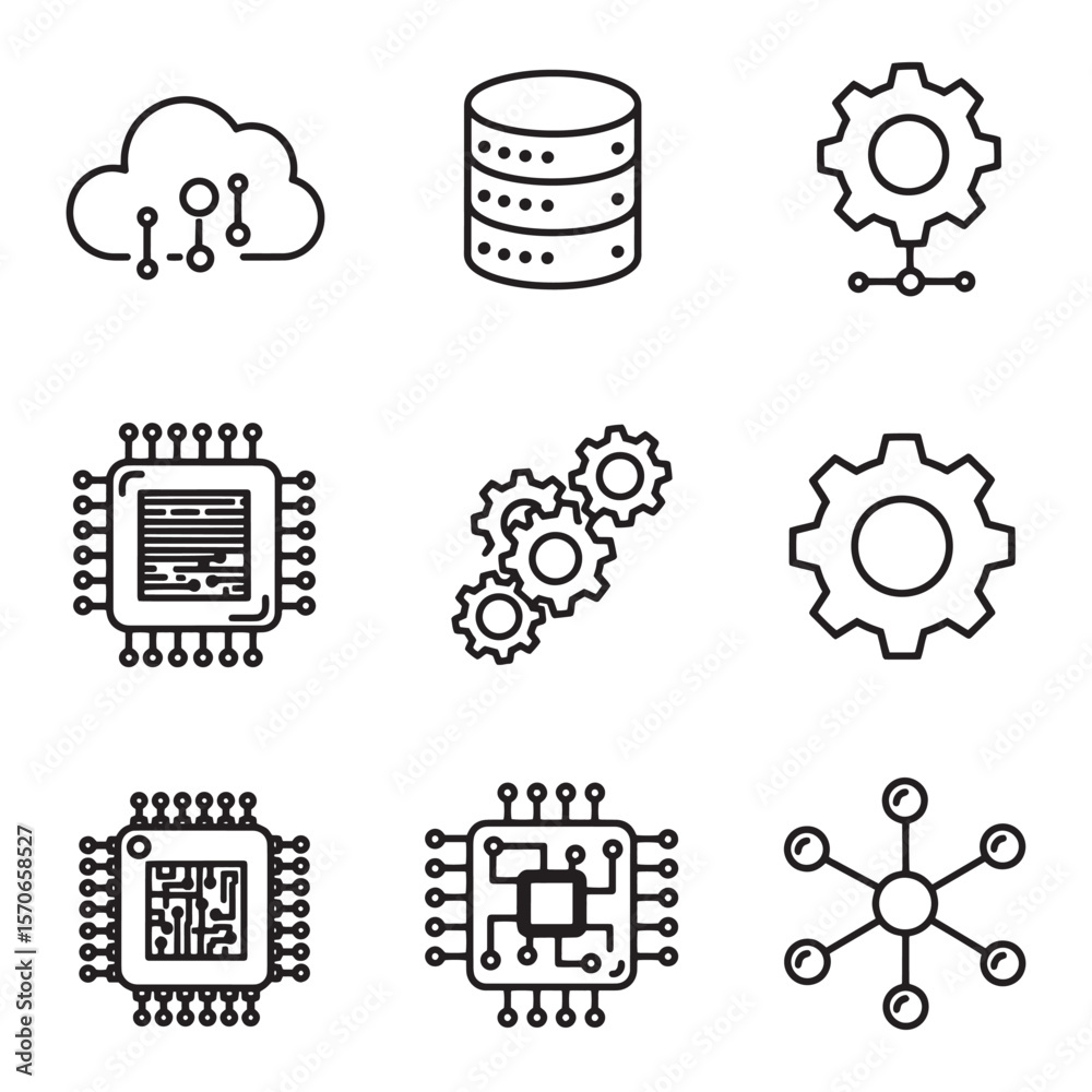 Poster collection of outline icons illustrating cloud computing data processing and system technology conce