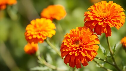 A close-up view of several vibrant orange marigold flowers basking in warm sunlight, set against a soft, green background.