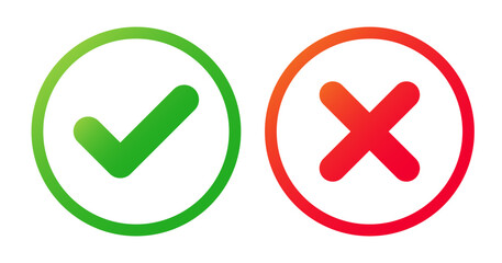 Green Check Mark and Red Cross Outline Icon for Approval and Rejection